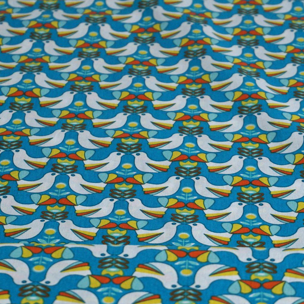 Baumwollstoff Motivdruck Retro Vögel türkisblau gelb orange